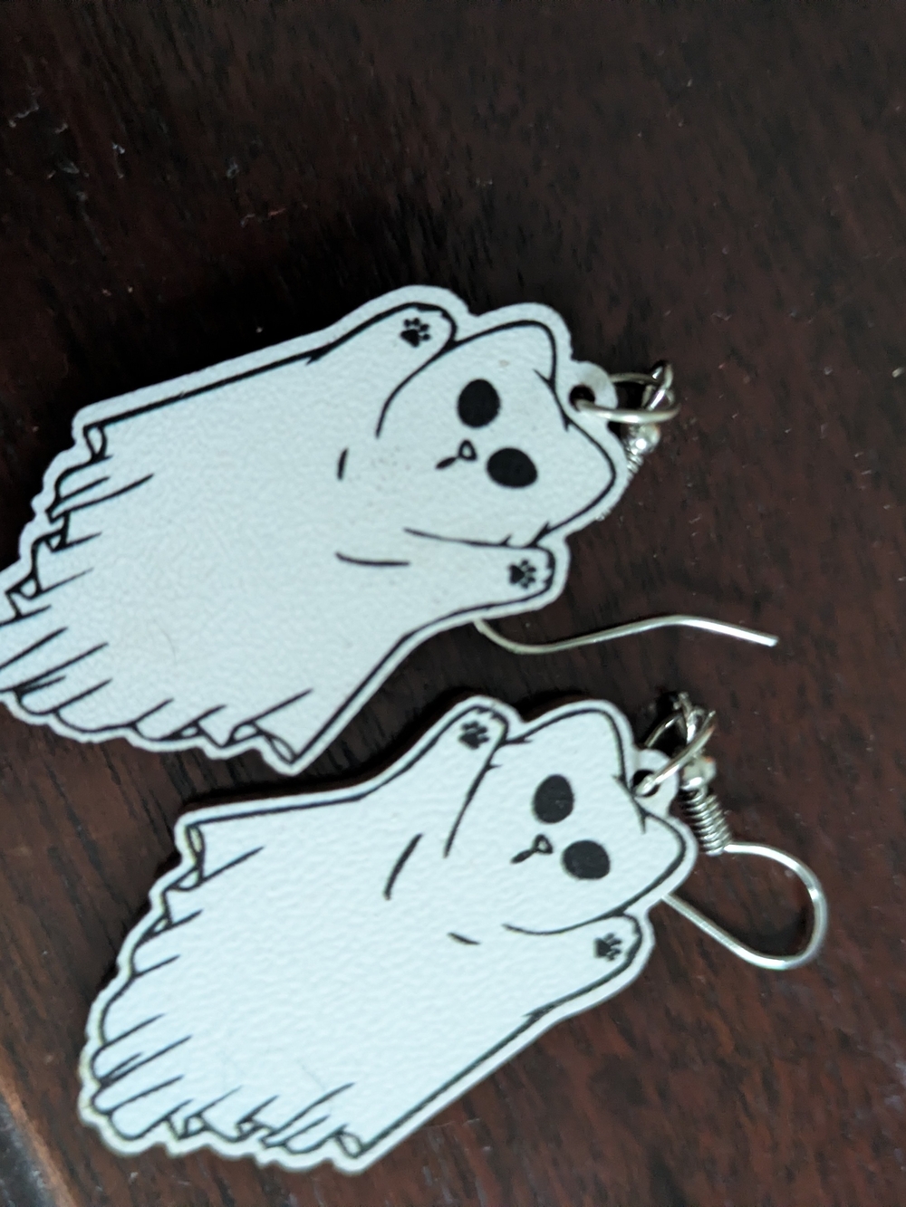Ghost Cat Earrings Dangle Wooden Dual Sided Brand New Never Worn